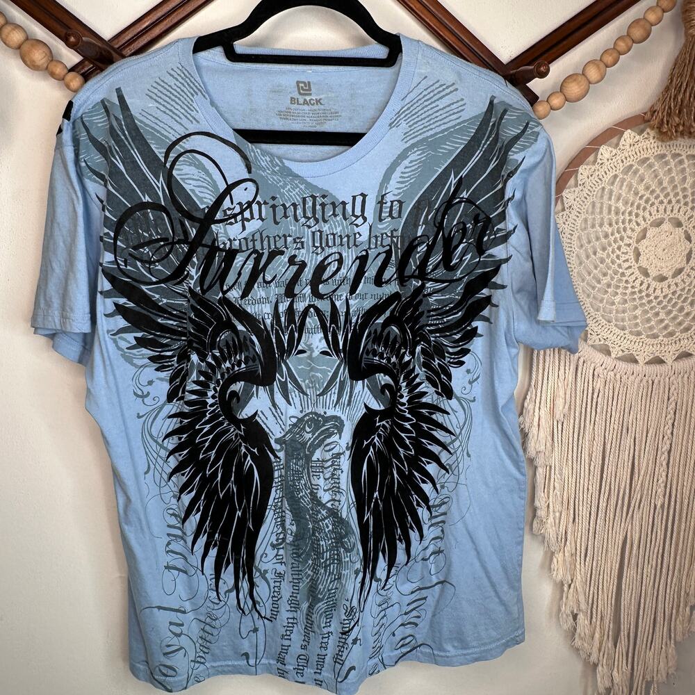 Black Y2K Blue Black Wings Surrender Graphic T